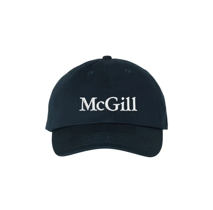 Navy McGill baseball cap with white embroidered logo.