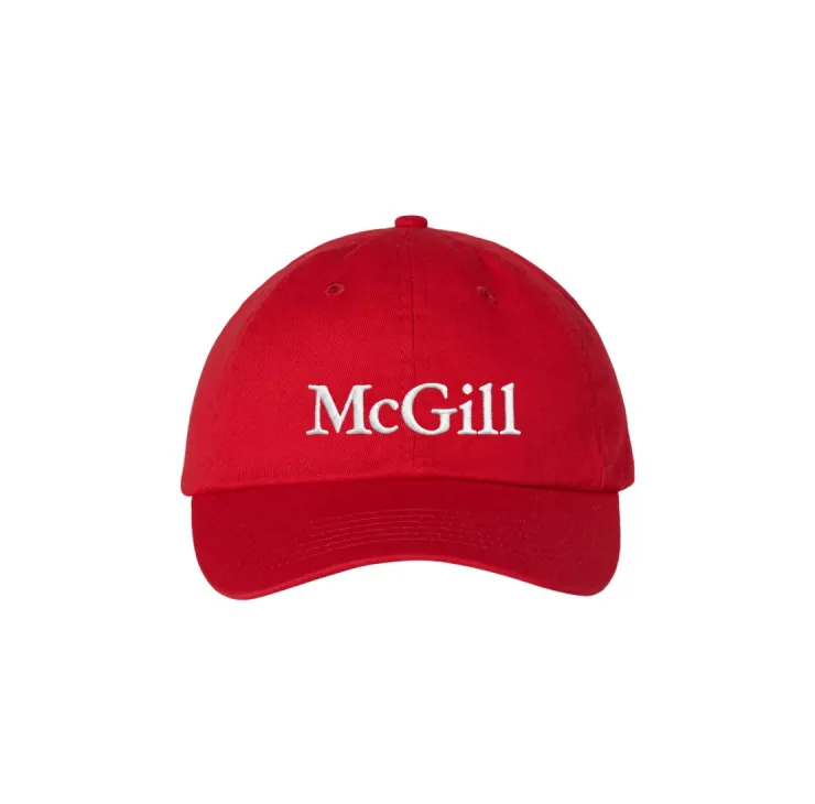 Red McGill baseball cap with white embroidered logo.