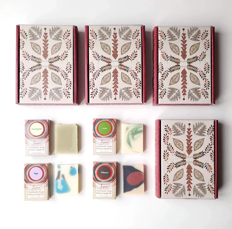 Sequoia Four Medicines handmade soap gift set featuring four natural oil soaps in decorative gift box.