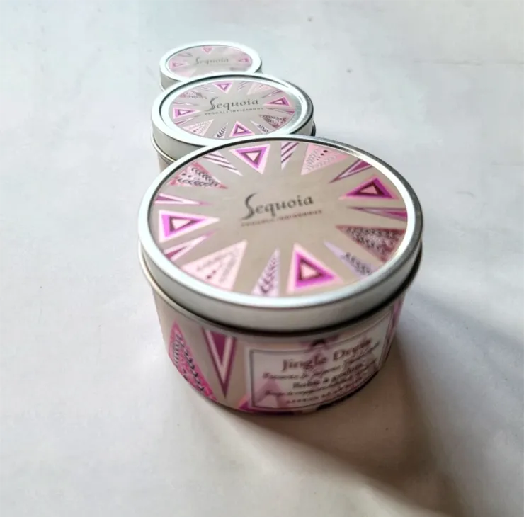 Jingle Dress fuity/floral scented candle in decorative tin with botanical pattern and silver lid.