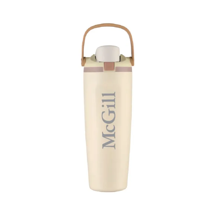 Cream McGill insulated water bottle with flip-top lid, carrying handle, and McGill wordmark.