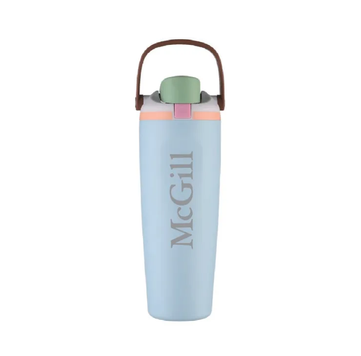 Light Blue McGill insulated water bottle with flip-top lid, carrying handle, and McGill wordmark.