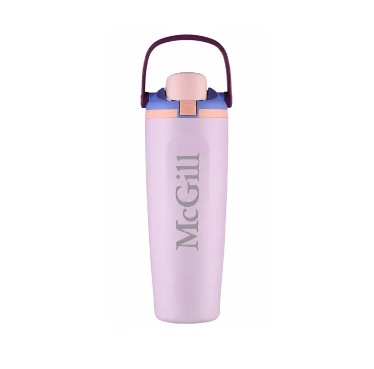 Lilac McGill insulated water bottle with flip-top lid, carrying handle, and McGill wordmark.