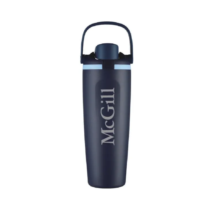 Navy blue McGill insulated water bottle with flip-top lid, carrying handle, and McGill wordmark.