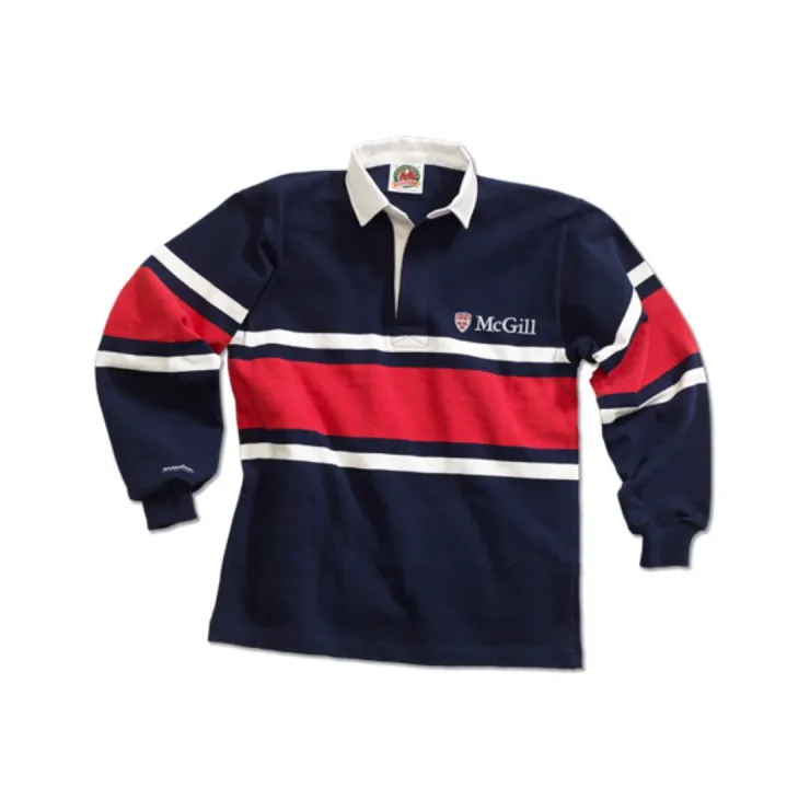 Navy McGill long‑sleeve rugby shirt with red and white chest stripes, white collar, and embroidered McGill crest logo.
