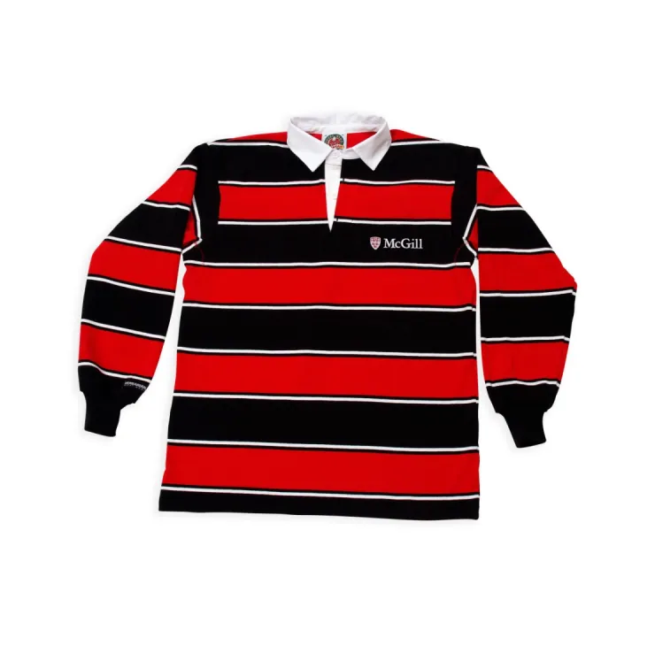 McGill long-sleeve rugby shirt with red and black stripes, white collar, and embroidered McGill crest logo.