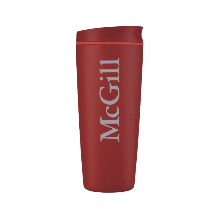 Red McGill insulated travel mug with engraved McGill wordmark, shown on white background.