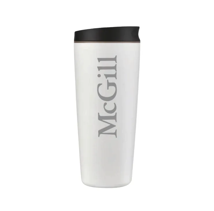 White McGill insulated travel mug with black lid and engraved McGill wordmark, shown on white background.