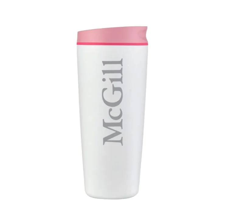White McGill insulated travel mug with pink lid and McGill wordmark, shown on white background.