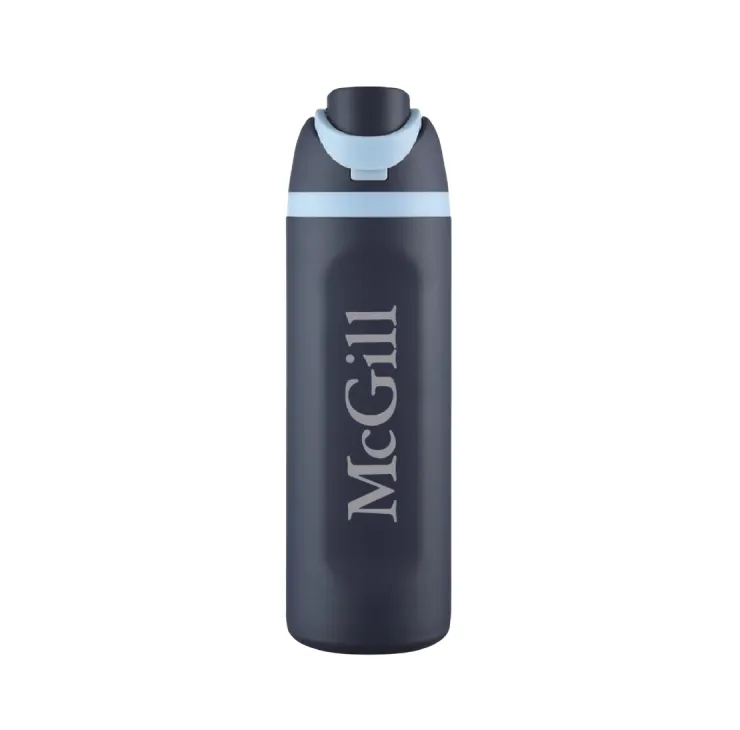 Navy McGill insulated water bottle with flip-top lid and McGill wordmark.