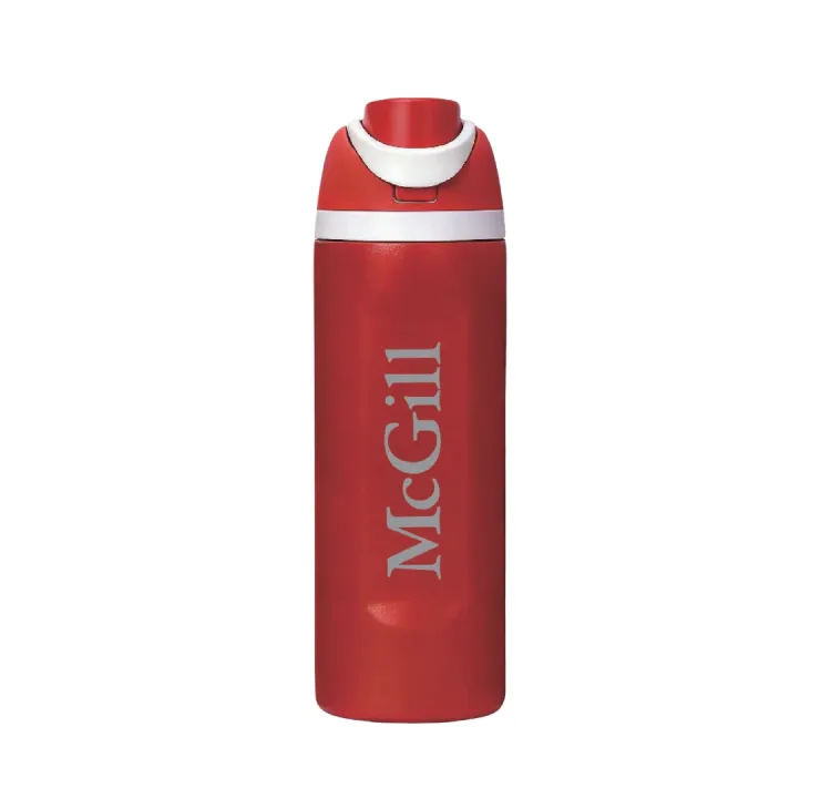 Red McGill insulated water bottle with flip-top lid and McGill wordmark.