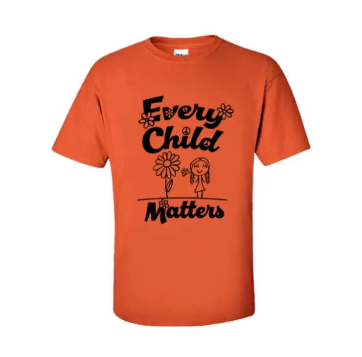 Orange Every Child Matters T‑shirt featuring floral graphics, peace symbol, and child illustration on front.
