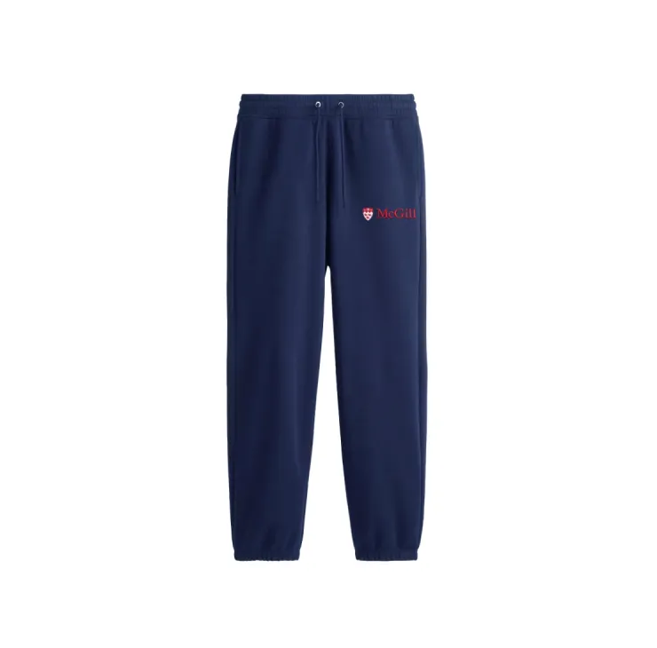 Navy McGill sweatpants with drawstring waist and embroidered logo.