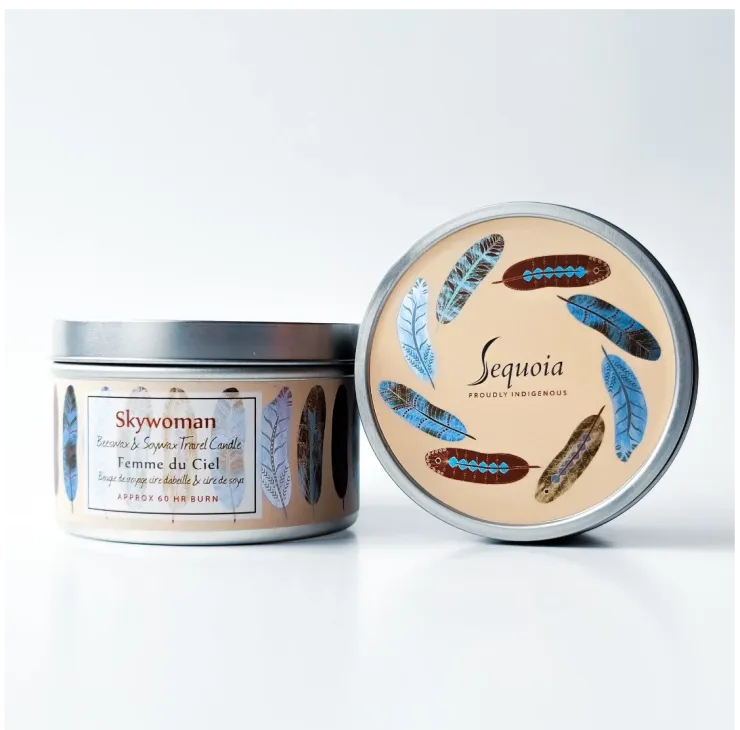 Sequoia Citrus Floral scented candle in decorative tin with botanical pattern and silver lid.