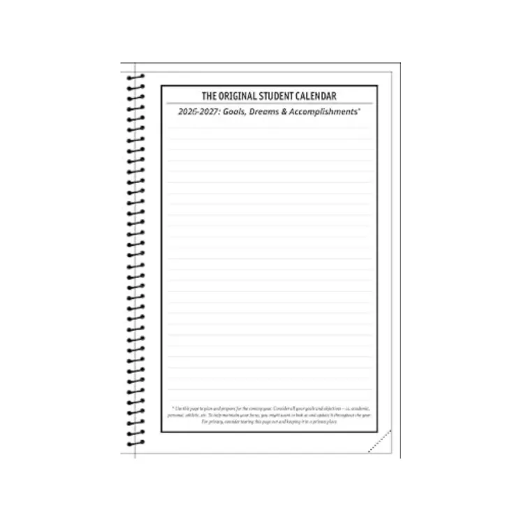 An open notebook displaying a page labeled 'The Original Student Calendar' for the years 2026-2027, intended for students to record their goals and achievements. The page is lined, inviting entries.
