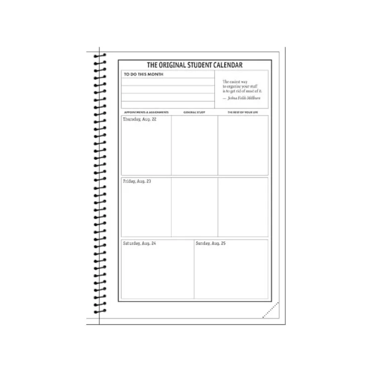 A black-and-white student calendar page with spaces for tasks from Thursday to Sunday, a monthly to-do list, and a motivational quote in the header.