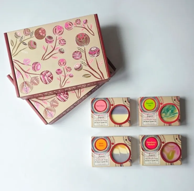 Sequoia Sweet Blends handmade soap gift set featuring four natural oil soaps in decorative gift box.