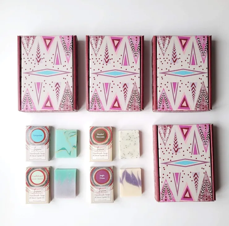 Sequoia Traditions handmade soap gift set featuring four natural oil soaps in decorative gift box.