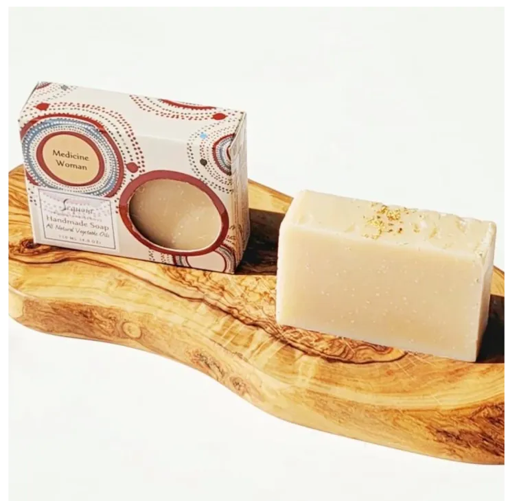 Sequoia Medicine Woman handmade soap bar with vegetable oils, displayed with illustrated packaging.