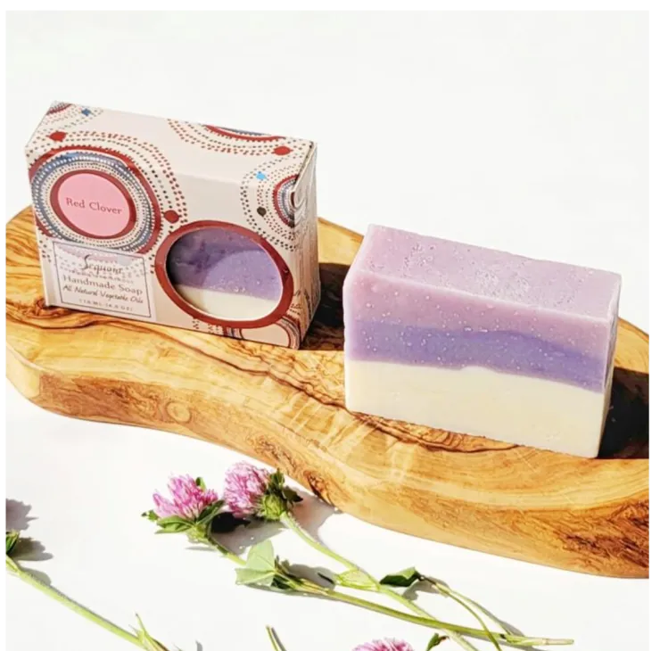 Sequoia Red Clover handmade soap bar with natural oils, displayed with illustrated packaging and red clover flowers.