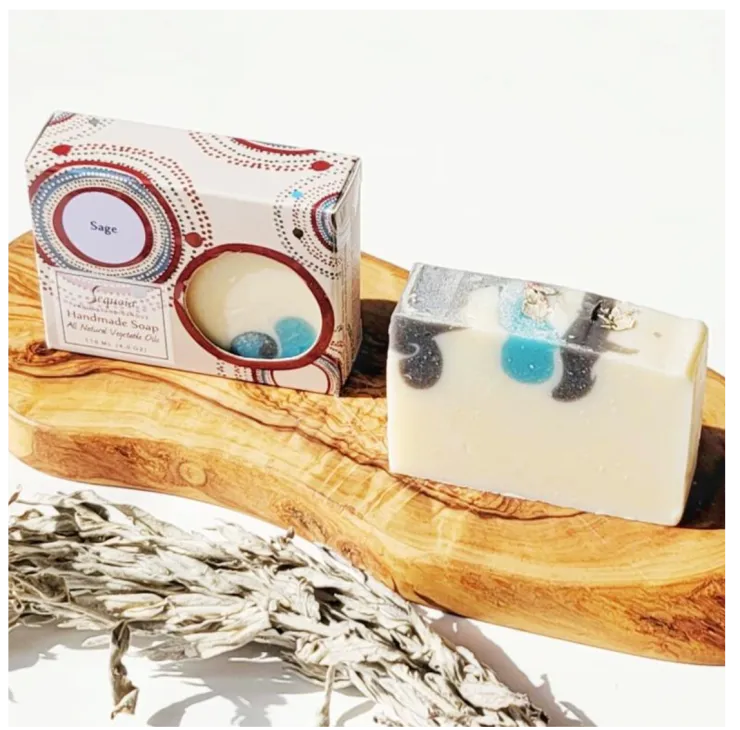 Sequoia Sage handmade soap bar with natural oils, displayed with illustrated packaging and dried sage leaves.