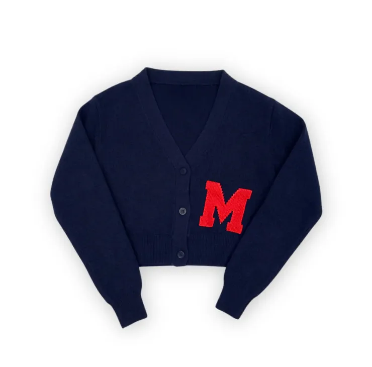 Navy cropped McGill cardigan with V‑neck, button front, long sleeves, and large red knit varsity M
