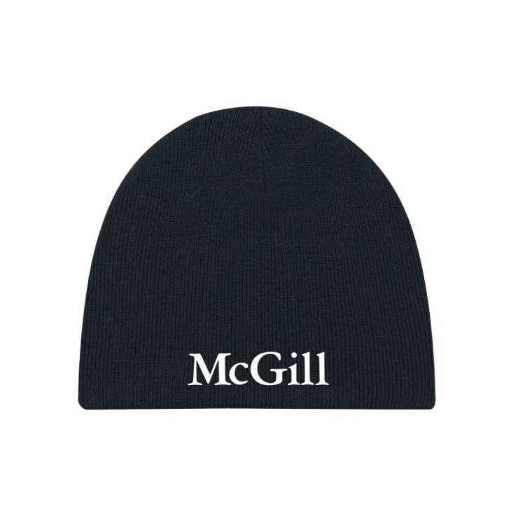 Black McGill knit beanie with white embroidered McGill wordmark, ribbed construction, and cuffless design.