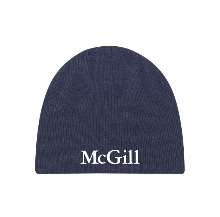 Navy McGill knit beanie with white embroidered McGill wordmark, ribbed construction, and cuffless design.