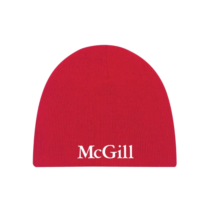 Red McGill knit beanie with white embroidered McGill wordmark, ribbed construction, and cuffless design.