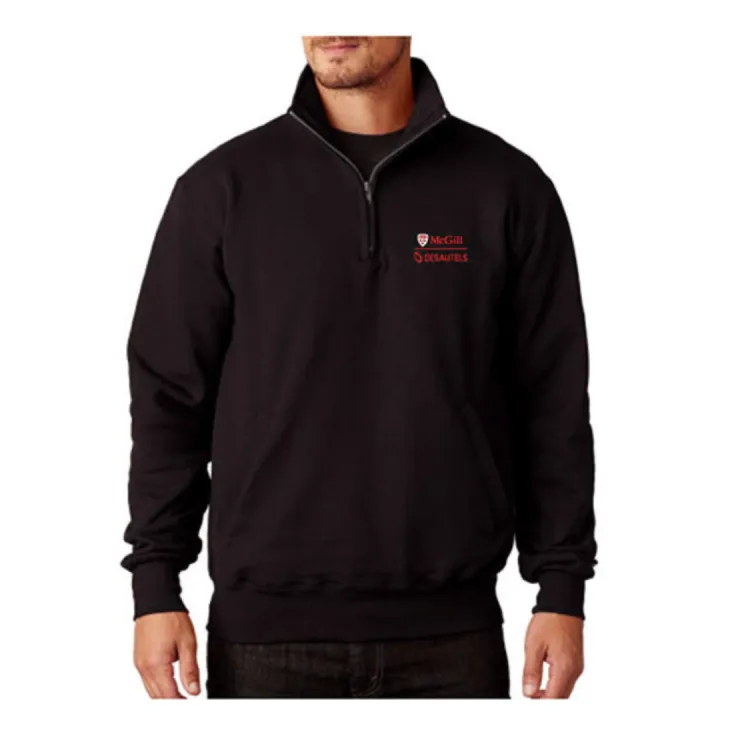 Black McGill Desautels quarter‑zip pullover with stand collar, kangaroo pocket, and embroidered logo on chest.