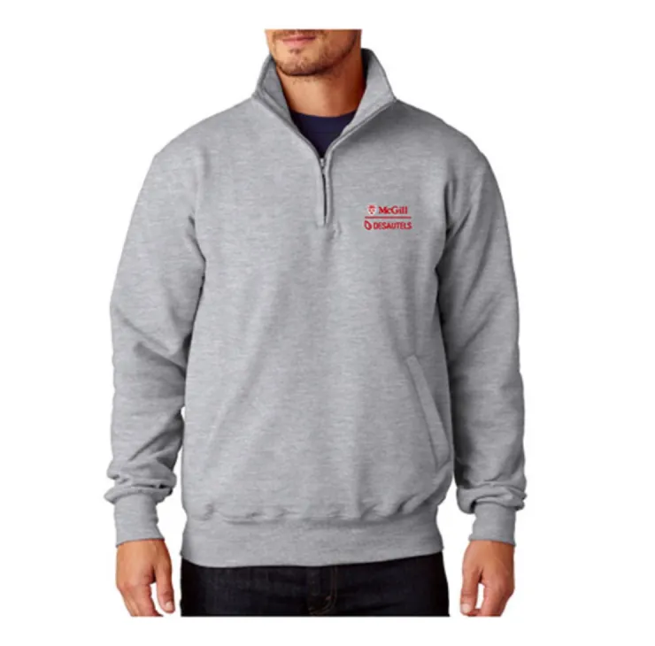 Heather grey McGill Desautels quarter‑zip pullover with stand collar, pockets, and embroidered logo on chest.