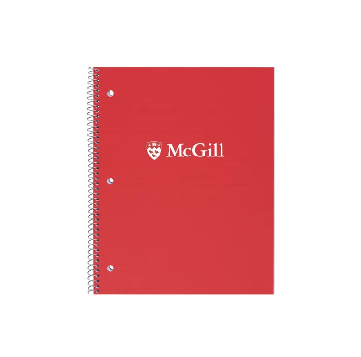 Red McGill spiral notebook with McGill crest and wordmark on front cover, three-hole punched.