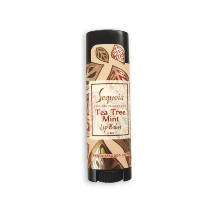 Sequoia Tea Tree Mint lip balm in twist-up tube with leaf-patterned label and botanical-inspired packaging.
