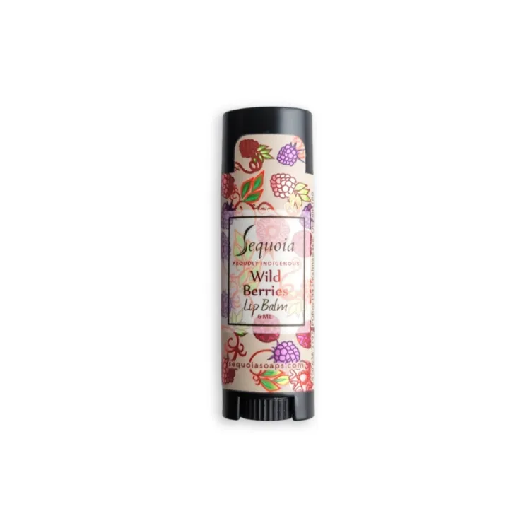 Sequoia Wild Berries lip balm in twist-up tube with berry-patterned label featuring raspberry and blackberry illustrations.