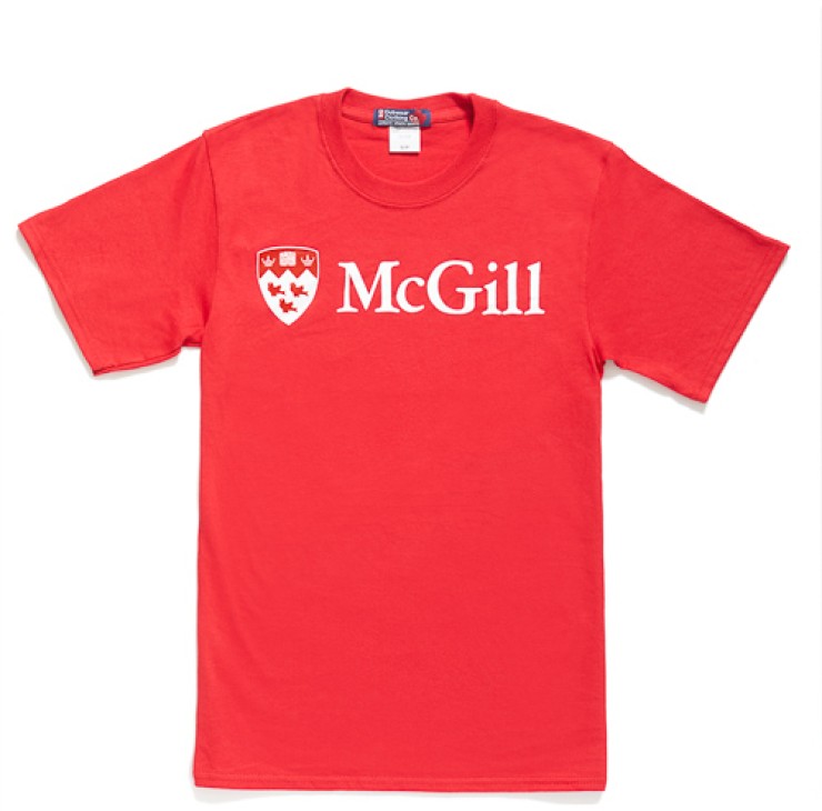 Red McGill University short-sleeve t-shirt with white logo and 'McGill' text on the front.