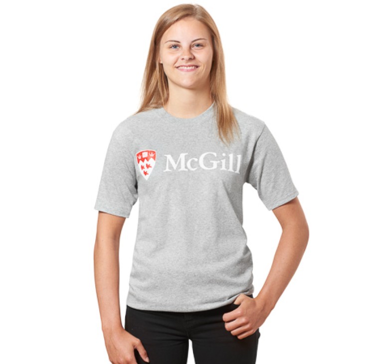 Grey McGill University t-shirt featuring red and white crest logo and 'McGill' text – worn by model, campus style