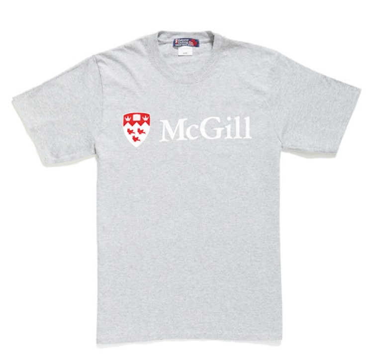 Grey McGill University short-sleeve t-shirt with white logo and 'McGill' text on the front.