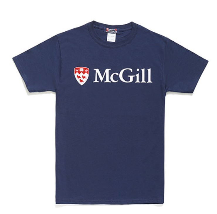 Navy McGill University short-sleeve t-shirt with white logo and 'McGill' text on the front.