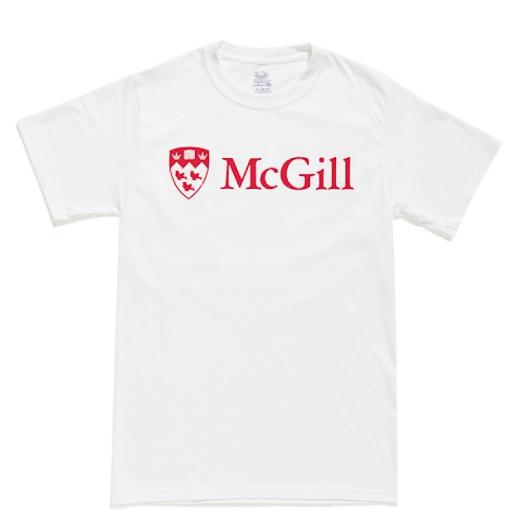 White McGill University short-sleeve t-shirt with white logo and 'McGill' text on the front.