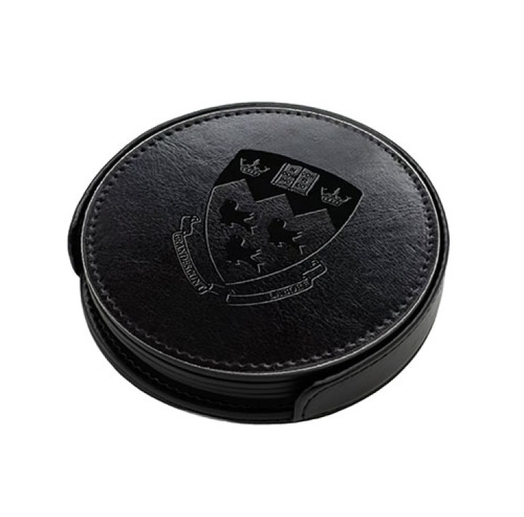 Set of 4 premium vegan leather drink coasters featuring a debossed McGill crest