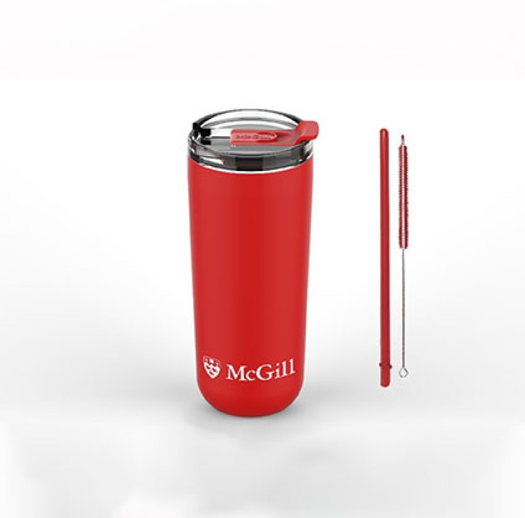 McGill Tumbler with Straw 20 oz red, comes with straw and straw brush. Features a laser etched McGill logo on bottom.