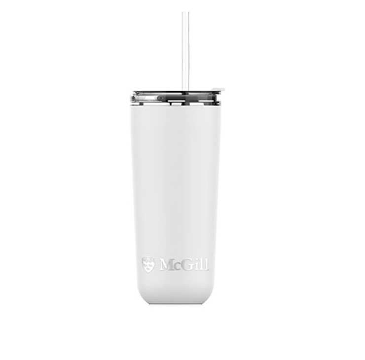 McGill Tumbler with Straw 20 oz white, comes with straw and straw brush. Features a laser etched McGill logo on bottom.