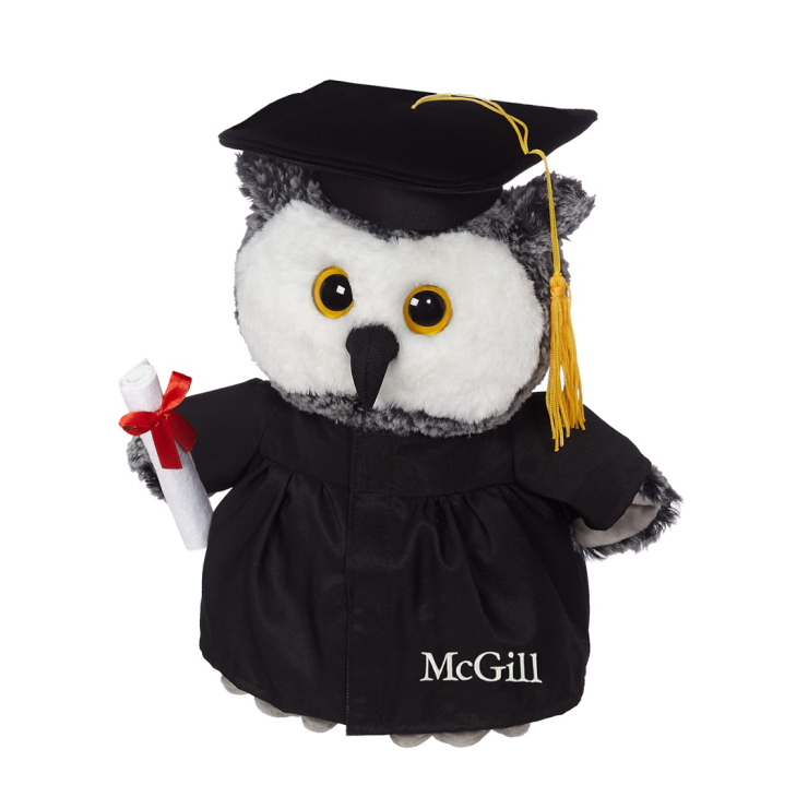 A 12 inch Owl Grad Plush carrying a diploma and wearing a grad cap and embroidered McGill gown.