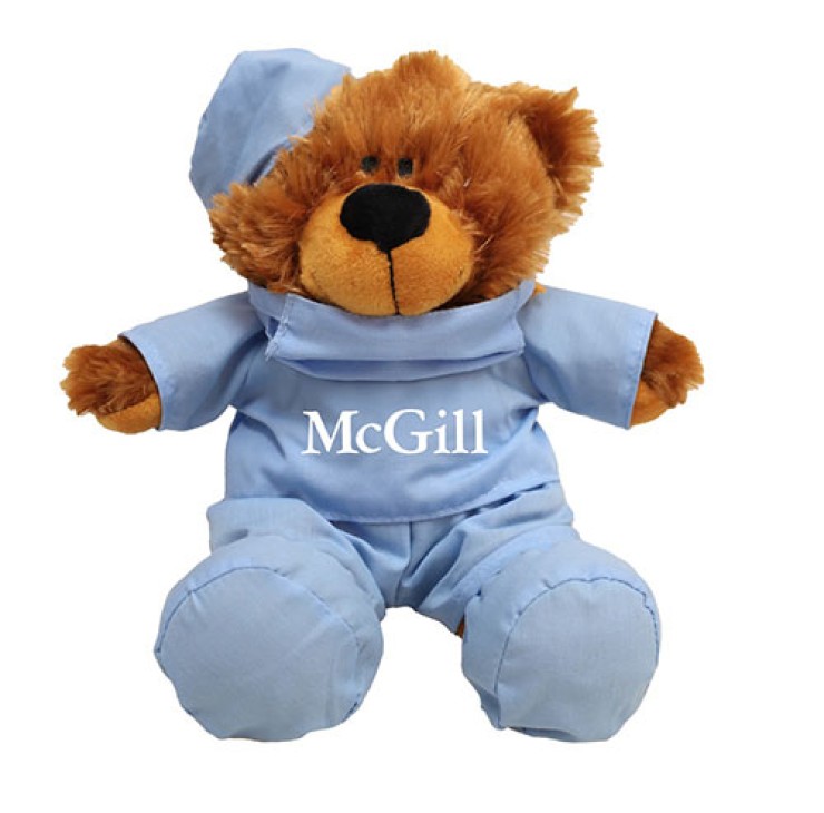 9” high, this Scrub Bear comes dressed in blue scrubs complete with a hat and mask and imprinted with the McGill logo.