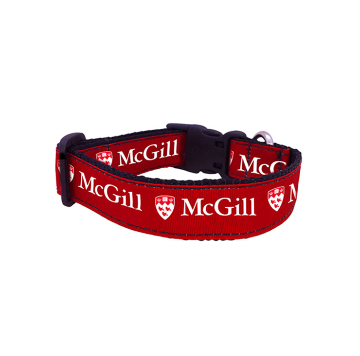 Adjustable nylon dog collar with red grosgrain ribbon printed with the McGill logo