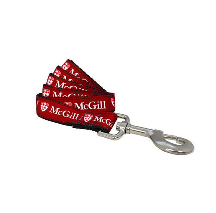 Nylon dog leash with red grosgrain ribbon printed with the McGill logo