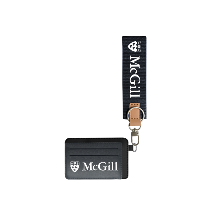 Black McGill wristlet wallet with white logo, card slots, and detachable navy strap with metal clip.