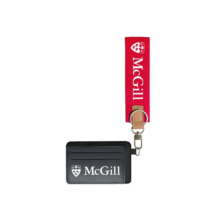 Red McGill wristlet wallet with white logo, card slots, and detachable navy strap with metal clip.