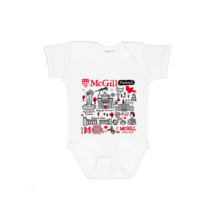 INFANT – Cover your little one in this charming McGill onesie. Soft on the skin and durable, it features a fun illustration of the McGill campus by artist Julia Gash. This short sleeve bodysuit features a snap closure for those quick and easy outfit changes. Adorable and practical – it is a must-have for any parent.