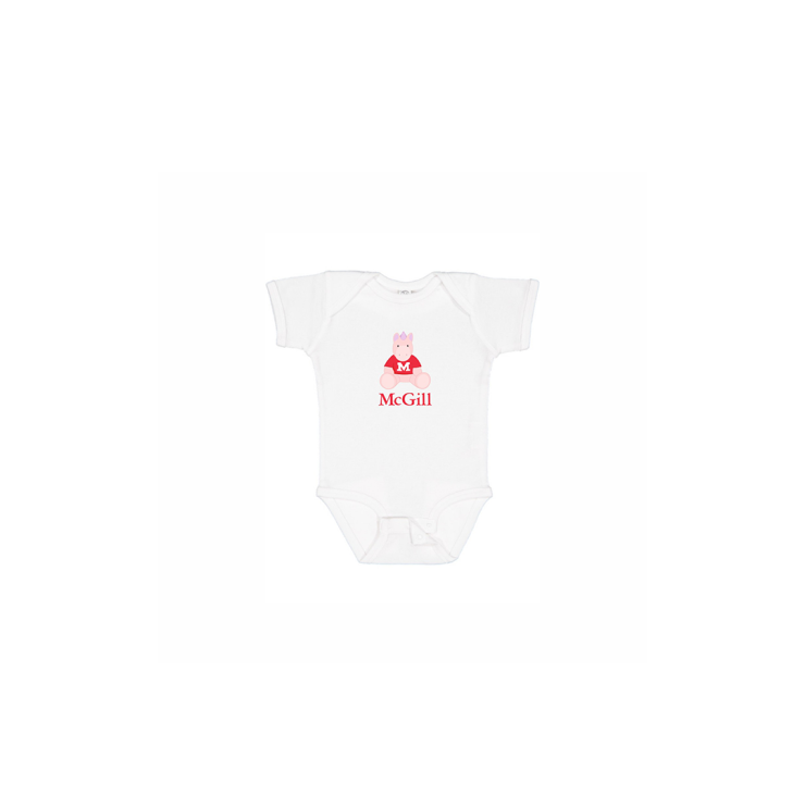 INFANT - Get them into the McGill state of mind early! This one-piece short sleeve bodysuit features lap shoulders and a 3-snap closure for those quick and easy outfit changes. Includes an adorable cartoon unicorn and the McGill wordmark.  An ideal gift for new parents.